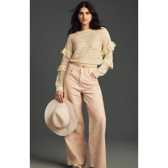 Anthropologie Sweater Women Ivory Sheer Open-Stitch Ruffle Pullover Top Sz S NWT